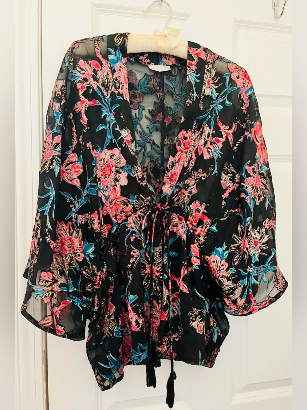 Free People Only In Dreams Floral Tie-Front Sheer Floral Kimono Blouse Top OS
